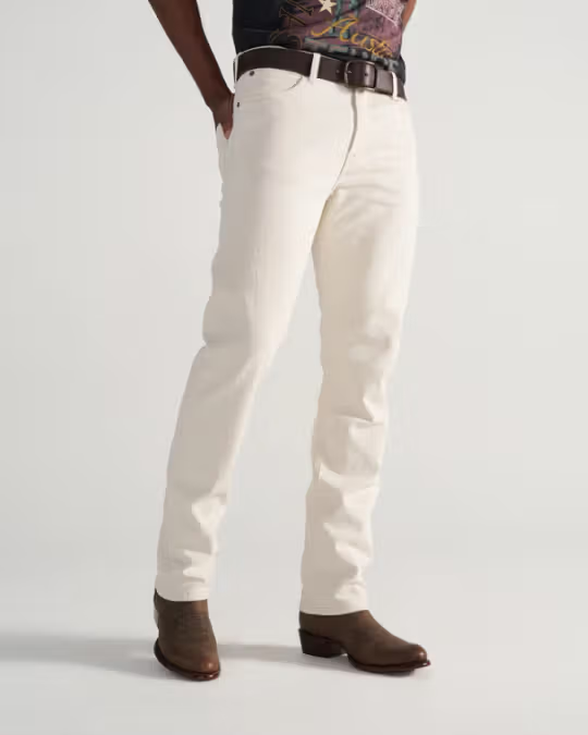 Front view of Men's Slim Stretch Twill - Light Sand on model